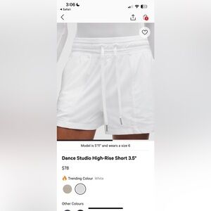 Lululemon White Dance Studio High-Rise Short 3.5”